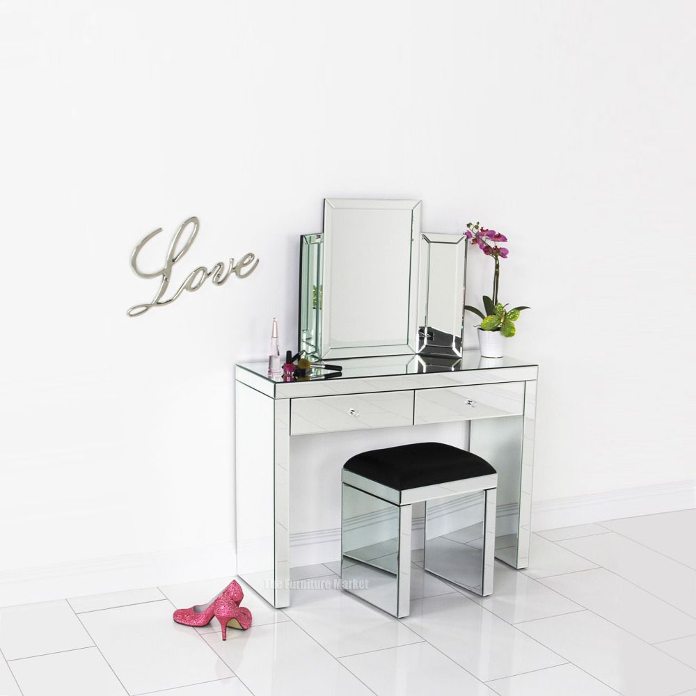 Mirrored Glass Dressing Table Stool Black Faux Leather Seat